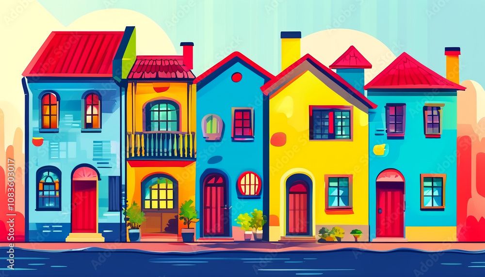 Naklejka premium Vibrant colorful houses lined up on a sunny day in a lively neighborhood setting