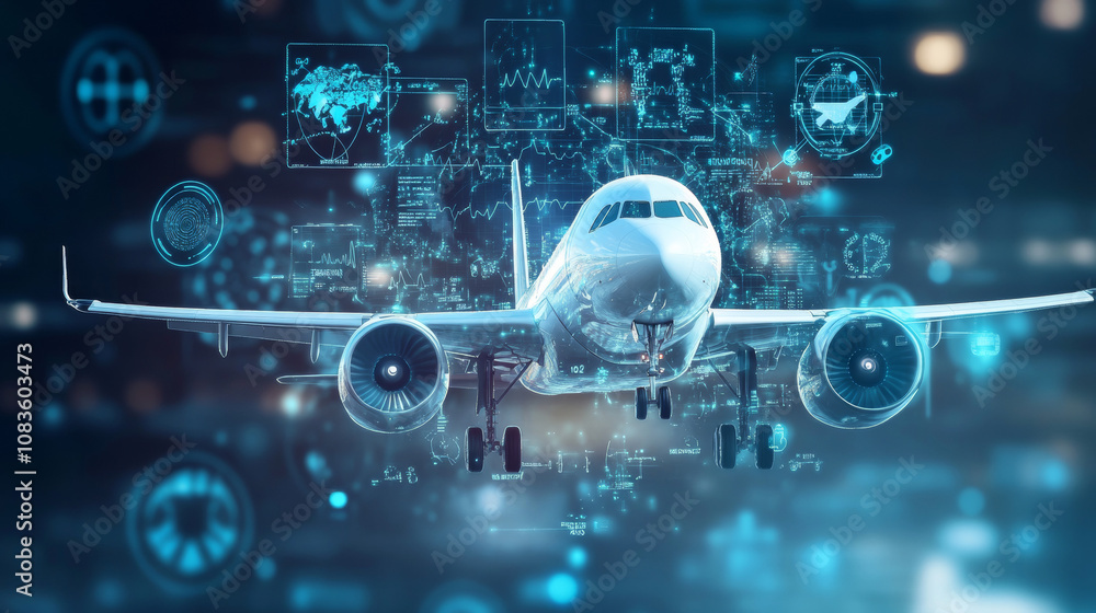 Fototapeta premium People traveling for medical care is called medical tourism. The image shows a plane and stethoscope with medical symbols, creating a 3D effect.