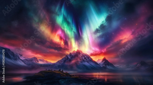 The Northern Lights glowing above a sacred mountain, with the aurora depicted as a bridge between the earth and the heavens.