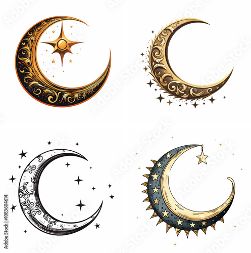 crescent moon shape arc curved lunar waxing waning crescent moon celestial night sky phases