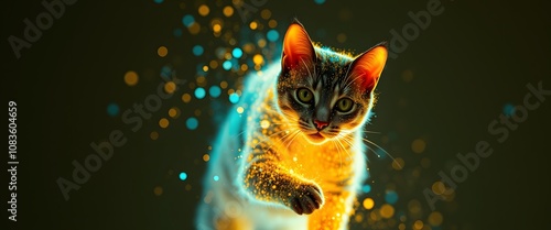 A Vibrant Cat vanishing into Radiant Particles, Creating a Captivating Visual Illusion Perfect for Artistic Concepts and Abstract Imagery photo