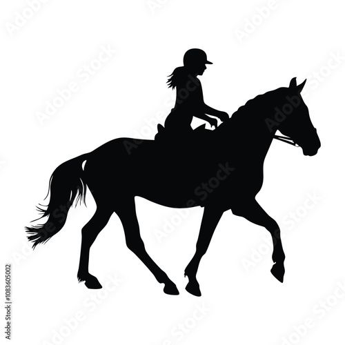 A woman is riding a horse. The horse is black. The woman is wearing a helmet
