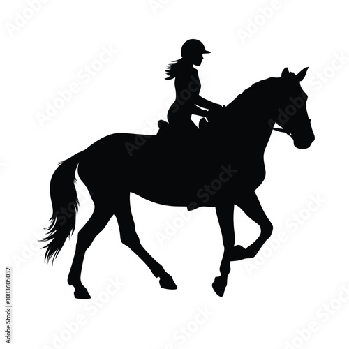A woman is riding a horse. The horse is black. The woman is wearing a helmet