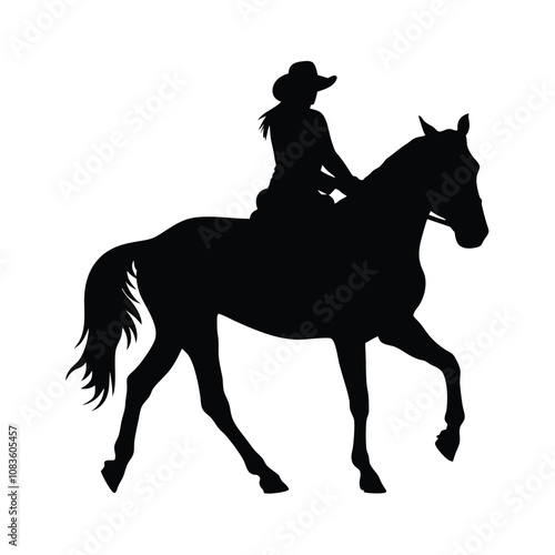 A woman is riding a horse. The horse is black. The woman is wearing a helmet