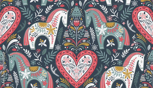 Vector Christmas seamless pattern with hand drawn Scandinavian folk ornament, animals, decorations. Vector endless background of new year symbols in modern graphic style