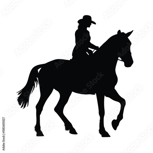 A woman is riding a horse. The horse is black. The woman is wearing a helmet