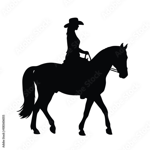 A woman is riding a horse. The horse is black. The woman is wearing a helmet