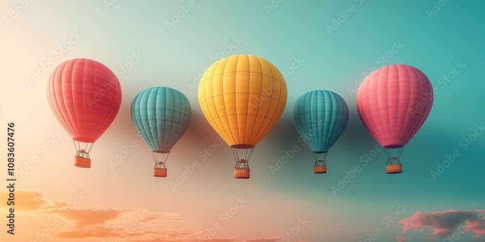 Obraz premium Five Colorful Hot Air Balloons Ascending in a Pastel Sky
