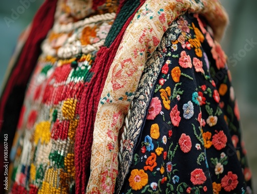 Vibrant textile with intricate floral patterns, showcasing the artistry and culture of traditional clothing. photo