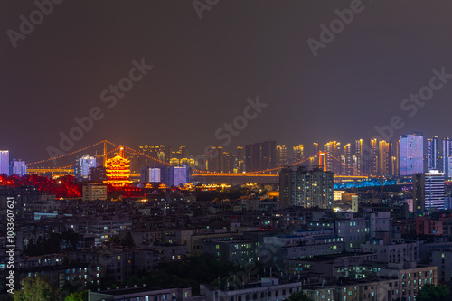 Night view of the landmark city on the two rivers and four banks of Wuhan, China photo