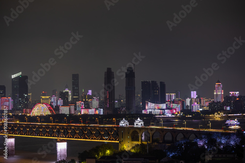 Night view of the landmark city on the two rivers and four banks of Wuhan, China photo