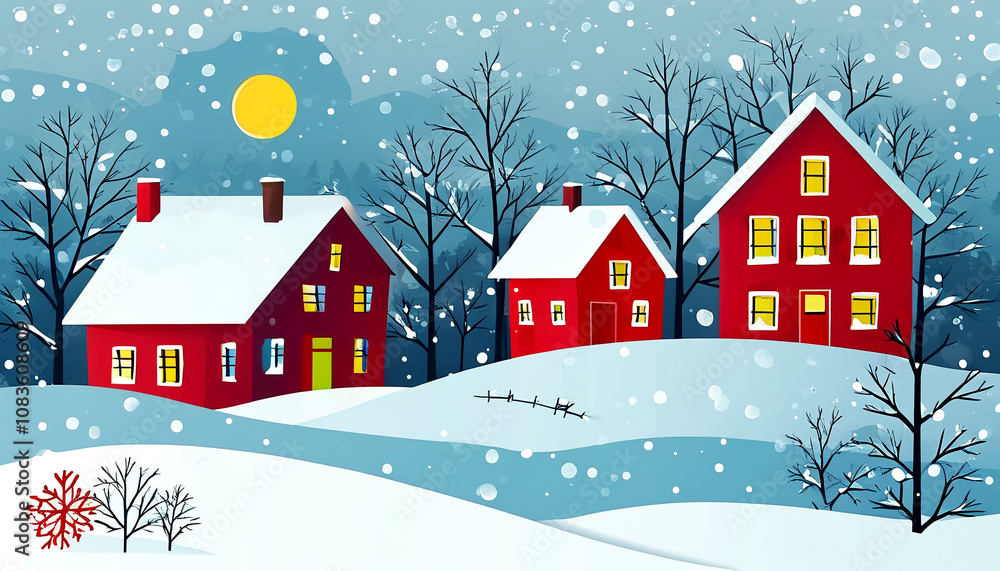 Fototapeta premium Charming winter landscape with red houses and falling snow in a tranquil setting