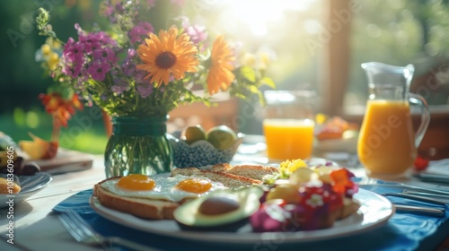 Sunny Summer Breakfast with Eggs, Avocado Toast, and Flowers photo