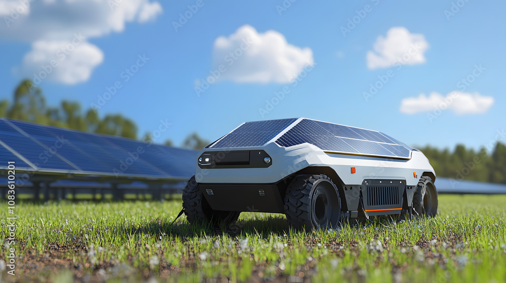 Fototapeta premium A solar-powered autonomous robot used for cleaning large solar farms, maintaining efficiency by utilizing solar energy to power its cleaning operations.