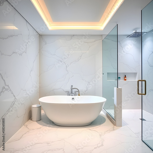 Luxurious spa-inspired bathroom with a freestanding tub, marble floors, and a rain shower.AI GENERATED photo