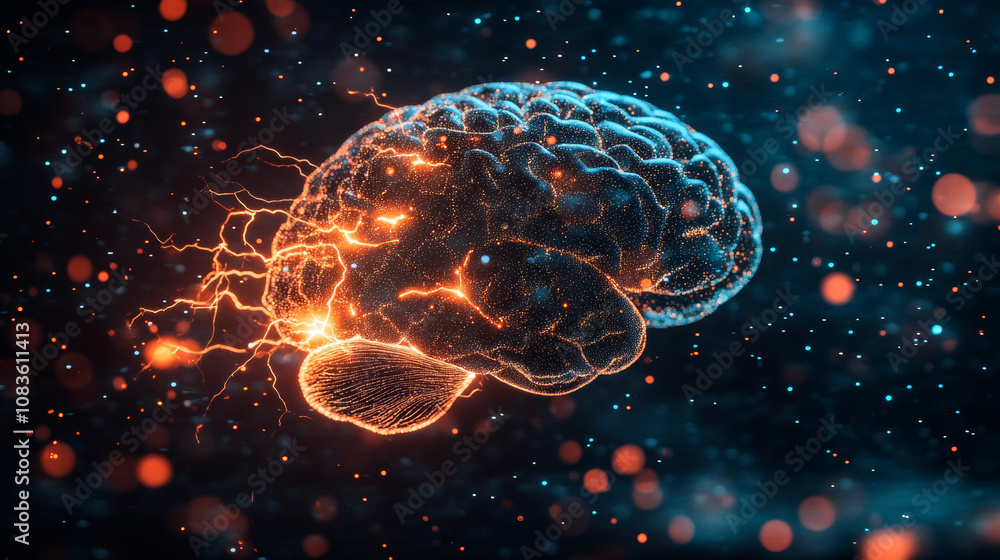Obraz premium The image shows a brain with lightning around it, representing the power and activity of the brain.