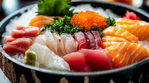 Raw sashimi fish slices, healthy, fresh, and full of delicate flavors. AI generative photo