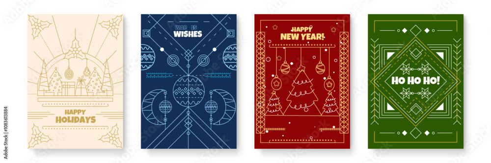 Naklejka premium Festive Greeting Card Chritsmas Line Style Designs with Ornaments
