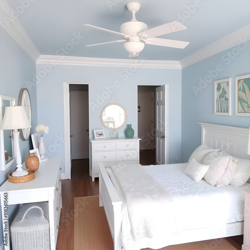 Coastal-themed bedroom with light blue walls, white furniture, and nautical decor.AI GENERATED photo