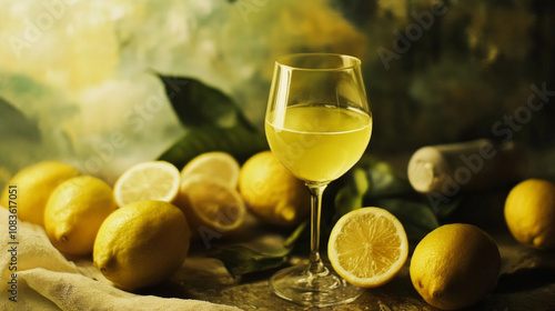 Italian limoncello drink poured in a glass with citrus zest. AI generative photo