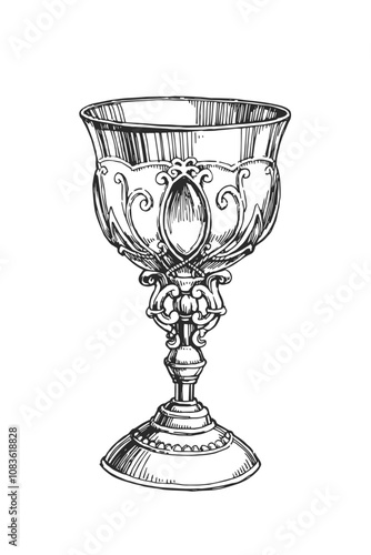Vector hand-drawn illustration of medieval cup in engraving style. Black and white sketch of antique goblet isolated on white.