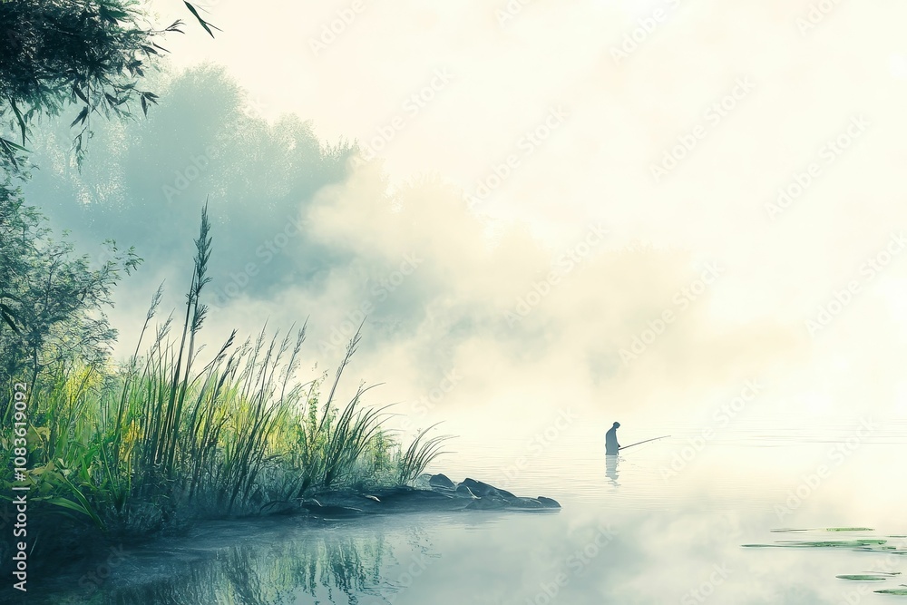 Obraz premium A lone fisherman casts a line in a misty lake.