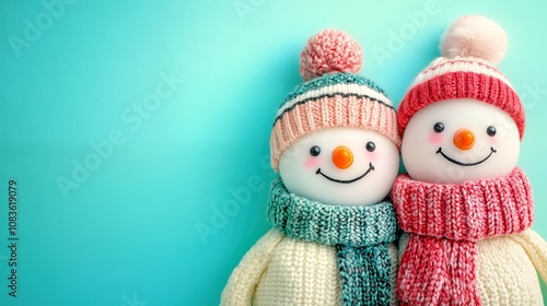 Two snowmen with hats, scarves on blue background