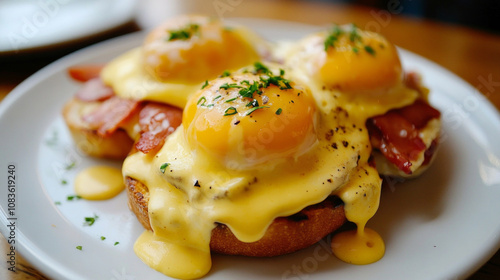 Poached eggs benedict with savory hollandaise and ham. AI generative photo