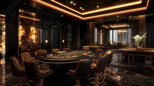 Luxurious Black and Gold Casino Interior with Roulette Table