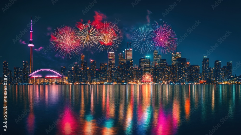 Fototapeta premium Fireworks Display over Toronto Skyline at Night