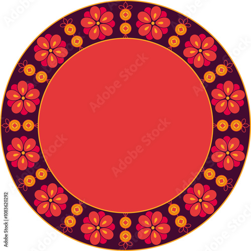 Decorative round frame with floral Chinese medallion coin ornament. Circle frame with copy space. Template for printing cards, invitations, greeting, New year eve and festivals theme vector.