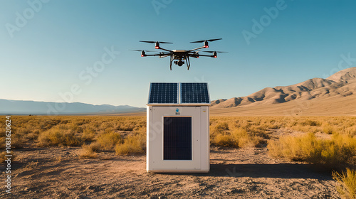 A solar-powered charging station for drones that uses solar panels to generate electricity, offering a clean energy solution for charging drone batteries in remote areas.