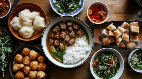 Tasty bun cha, a vibrant Vietnamese meal perfect for sharing. AI generative. photo