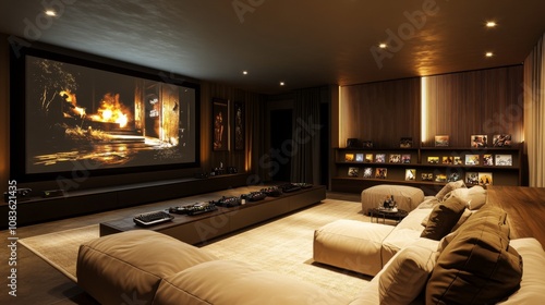Modern Home Theater with Large Screen and Comfortable Seating