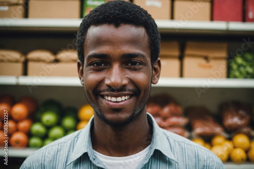 Close portrait of a smiling young Djiboutian male grocer standing and looking at the camera, Djiboutian grocery store blurred background photo