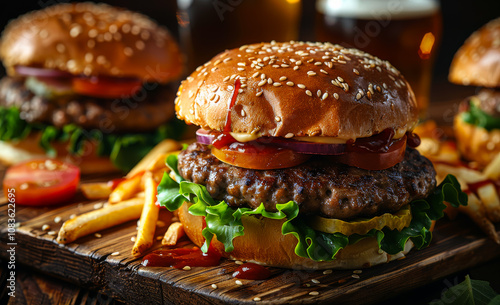 Cozy pub: juicy burgers and fries!. Two delicious burgers stacked with fresh toppings alongside crispy fries are served in a rustic pub setting.