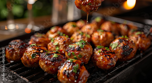 Grilled meatballs at summer BBQ. Juicy grilled meatballs are drizzled with sauce during a lively summer barbecue gathering at twilight.