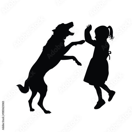 A girl is playing with a dog. The dog is jumping up and the girl is waving. The dog is black and white