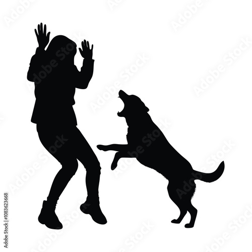 A woman is playing with a dog. The dog is jumping up and down. The woman is holding her hands up in the air