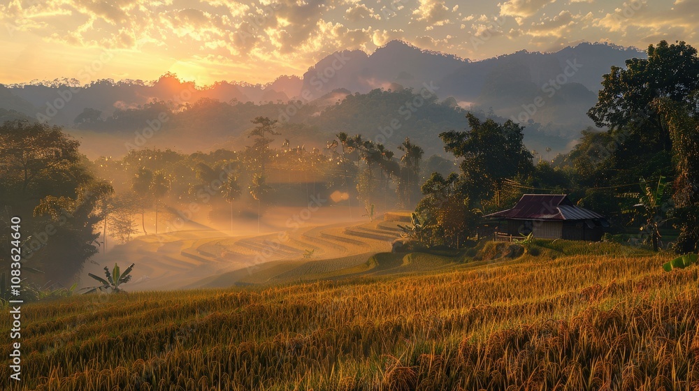 Fototapeta premium Serene Sunrise Over Rice Terraces in Village Landscape