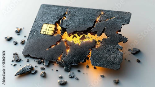 Cracked SIM Card with Glowing Interior on a Reflective Surface, Symbolizing Data Loss and Technology Breakdowns in the Digital Age