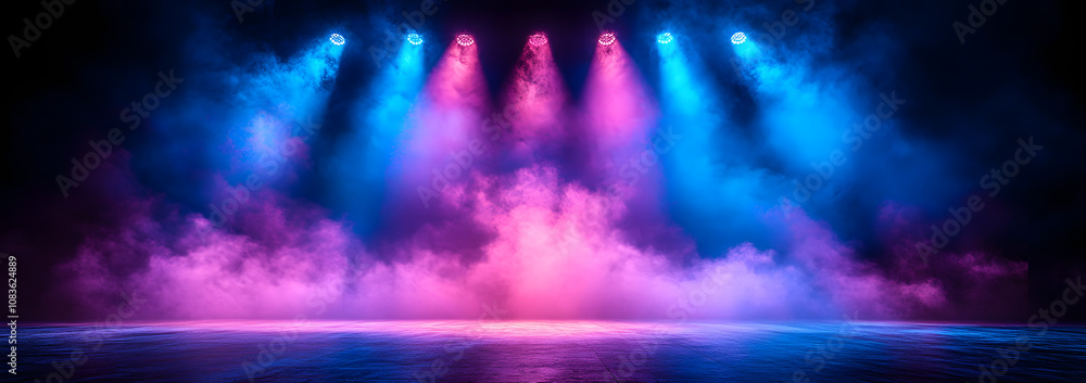 Fototapeta premium The Stage is Illuminated with Blue and Purple Spotlights, Enhancing the Dramatic and Vivid Atmosphere for a Theatrical or Musical Event