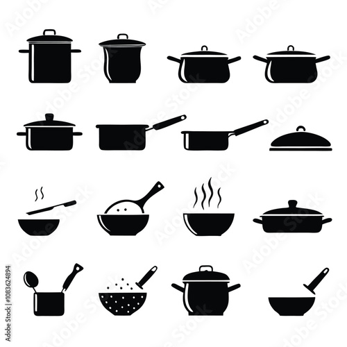 A set of black and white cooking utensils and pots. The utensils include a spatula, a ladle, and a spoon. The pots include a frying pan, a saucepan, and a casserole dish
