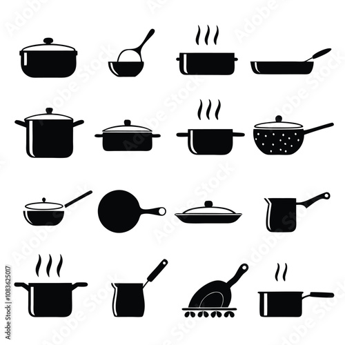 A set of black and white cooking utensils and pots. The utensils include a spatula, a ladle, and a spoon. The pots include a frying pan, a saucepan, and a casserole dish
