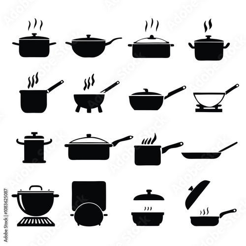 A set of black and white cooking utensils and pots. The utensils include a spatula, a ladle, and a spoon. The pots include a frying pan, a saucepan, and a casserole dish