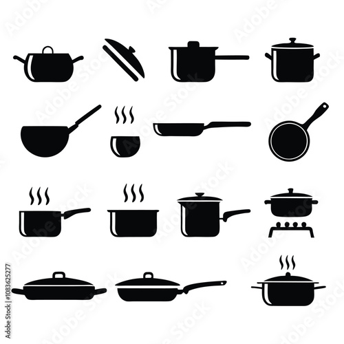 A set of black and white cooking utensils and pots. The utensils include a spatula, a ladle, and a spoon. The pots include a frying pan, a saucepan, and a casserole dish