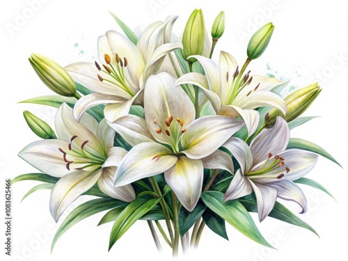White Lily Flower Bouquet Watercolor Illustration on Transparent Background for Elegant Decor and Floral Design
