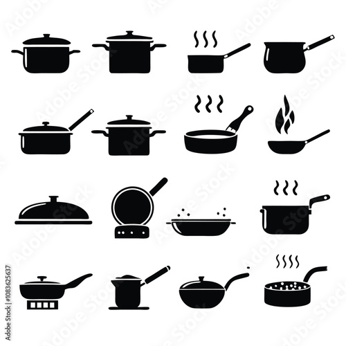 A set of black and white cooking utensils and pots. The utensils include a spatula, a ladle, and a spoon. The pots include a frying pan, a saucepan, and a casserole dish