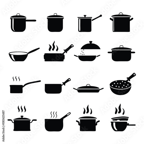 A set of black and white cooking utensils and pots. The utensils include a spatula, a ladle, and a spoon. The pots include a frying pan, a saucepan, and a casserole dish