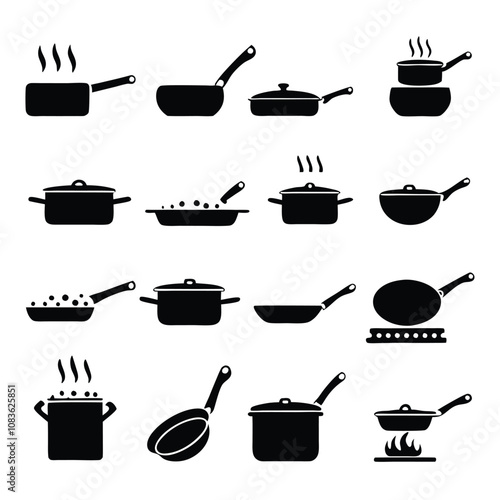 A set of black and white cooking utensils and pots. The utensils include a spatula, a ladle, and a spoon. The pots include a frying pan, a saucepan, and a casserole dish